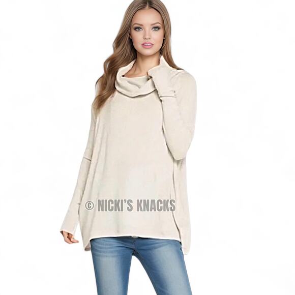 Free People Juicy Waffle Knit Thermal Top Cream Cowl Neck Oversized Fit Size XS - Picture 10 of 12